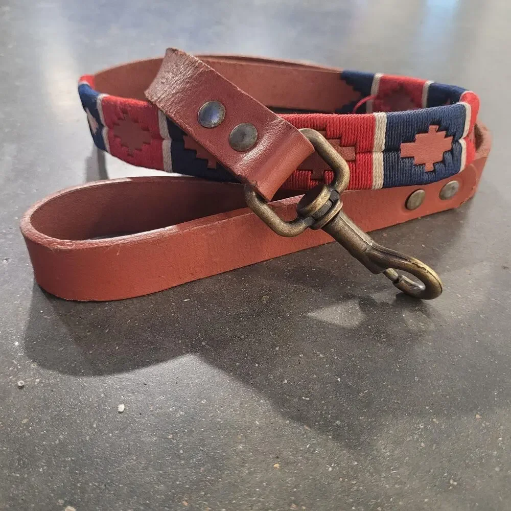 Macondo Pets Dog Leash Brown Leather Red Blue Geometric Handmade Woven Colombia